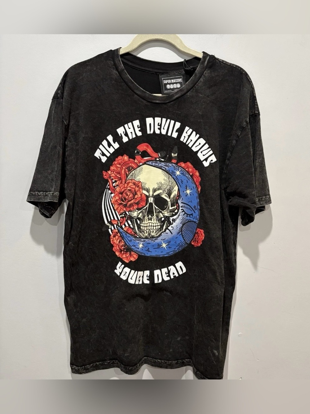 Super Massive acid wash Black Graphic Skull & Moon Short Sleeve Tee size S